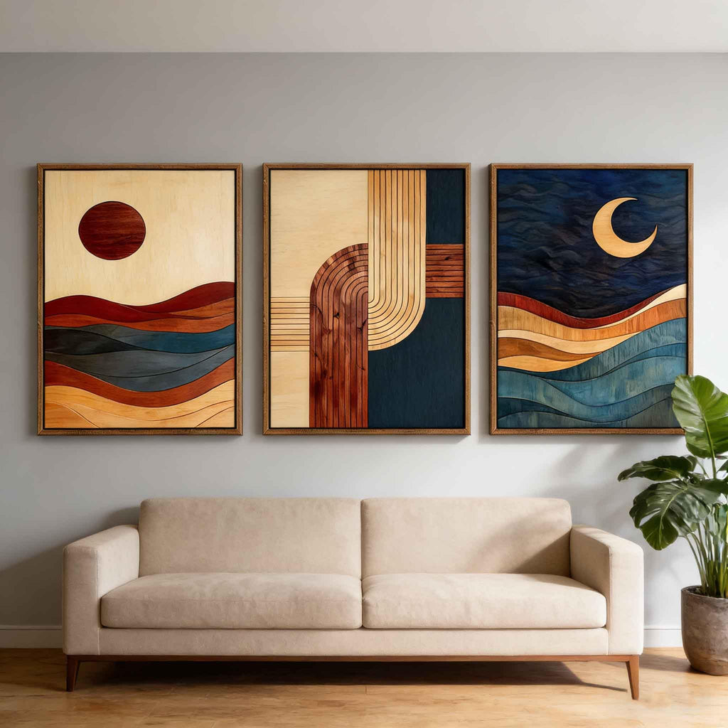 3-Piece: 24x36 Inch Framed Sun & Moon Modern Abstract Wall Art - Boho Mid-Century Geometric Canvas Decor