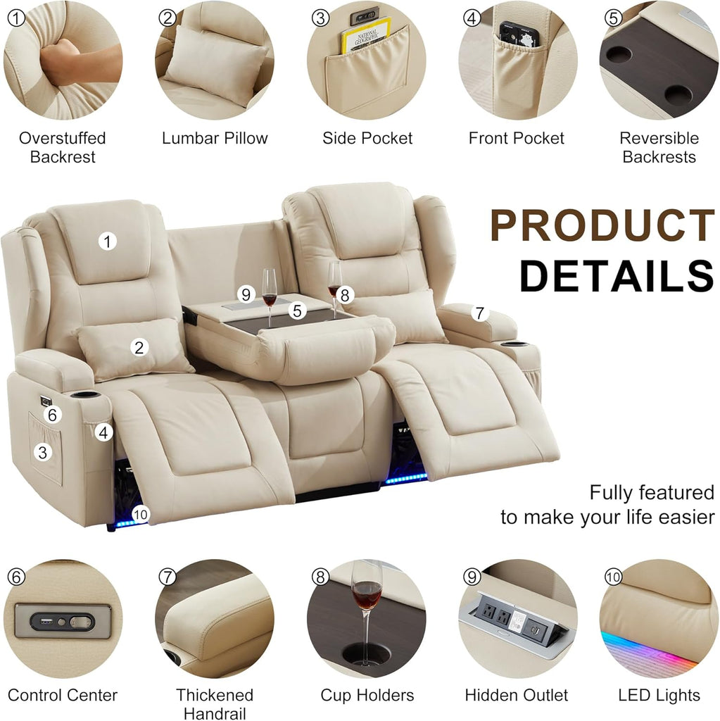 RV Power Loveseat Recliner Sofa, Leathaire Fabric 3-Seater Wall Hugger Reclining Sofa