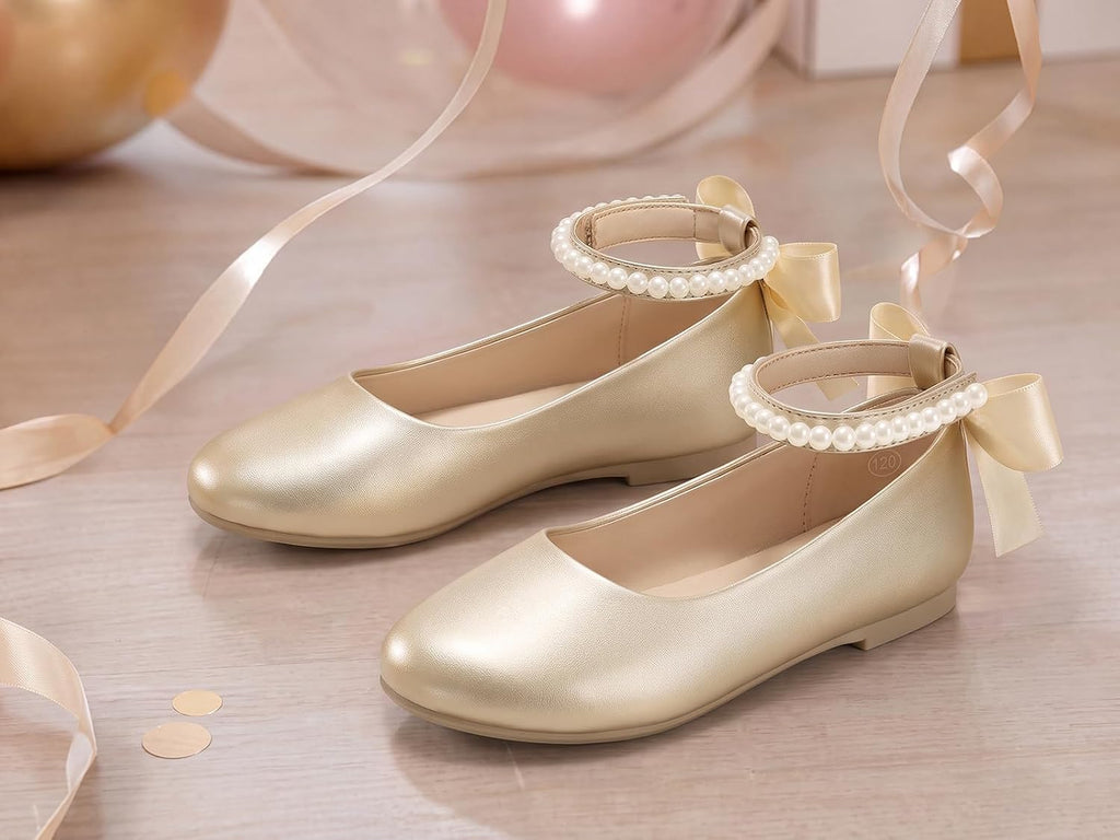 Girls Ballet Flats Pearl Ankle Strap Bow Dress Shoes