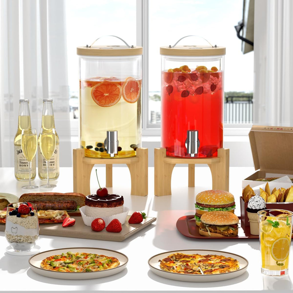 1 Gallon Glass Drink Dispenser For Parties, Beverage Dispenser With Bamboo Wood Stand And Stainless Steel Spigot
