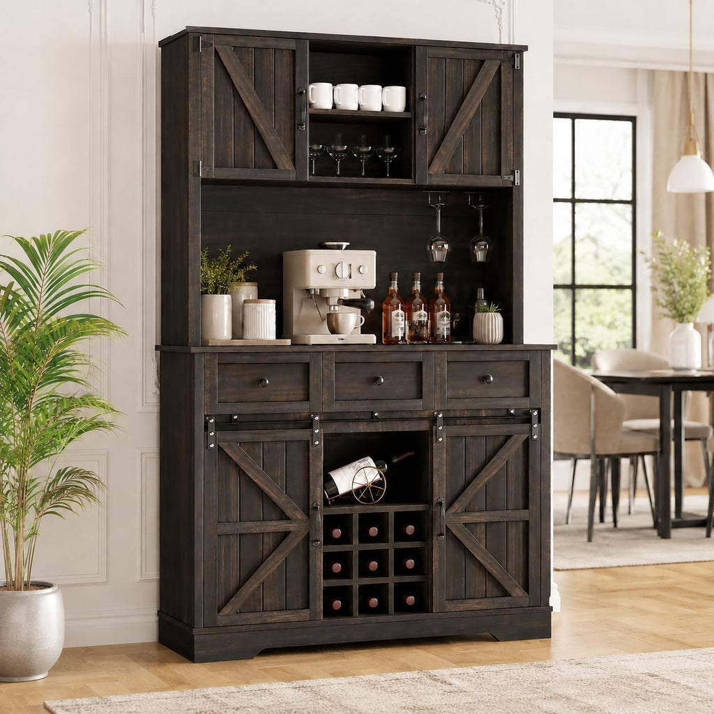 Tall Farmhouse Coffee Bar Cabinet with Wine Rack, Rustic Oak | Kitchen Pantry Storage Cabinet with 3 Drawers