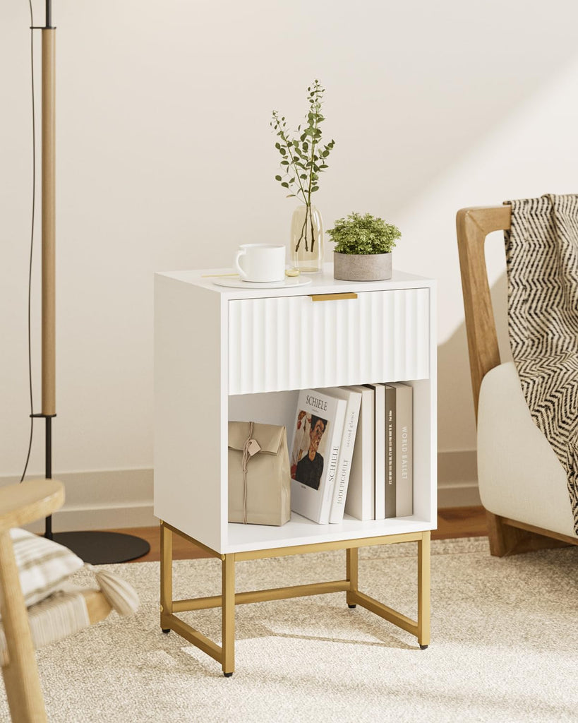 White Nightstand, Fluted Night Stand, Wood Bedside Table with Storage Drawer, Modern Side End Table, White