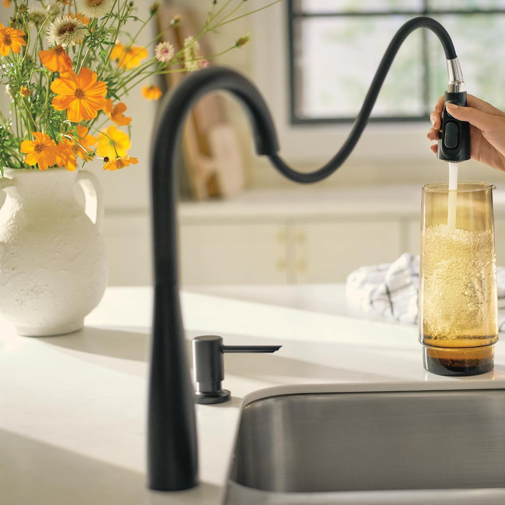 Reyes Matte Black Pulldown Kitchen Faucet with Soap Dispenser and Power Boost, Transitional Kitchen Faucet