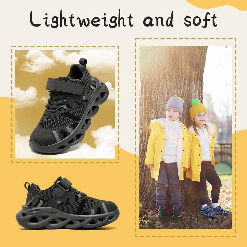 Kids Camo Sneakers for Boys - Lightweight Mesh Athletic Shoes with Hook & Loop Closure, Non-Slip Sole, Breathable
