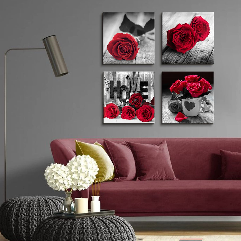 Rustic Rose Floral Canvas Wall Art Red and Black Bathroom Decor Romantic Flower Poster Pictures Girls Bedroom Over