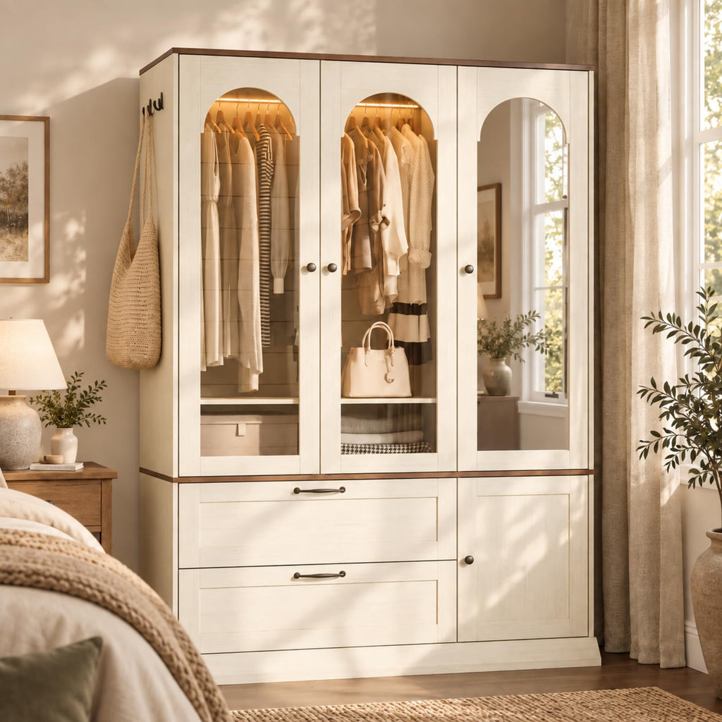 71" H Wardrobe Armoire with Mirror and Sensor Light, Flexible, Antique White