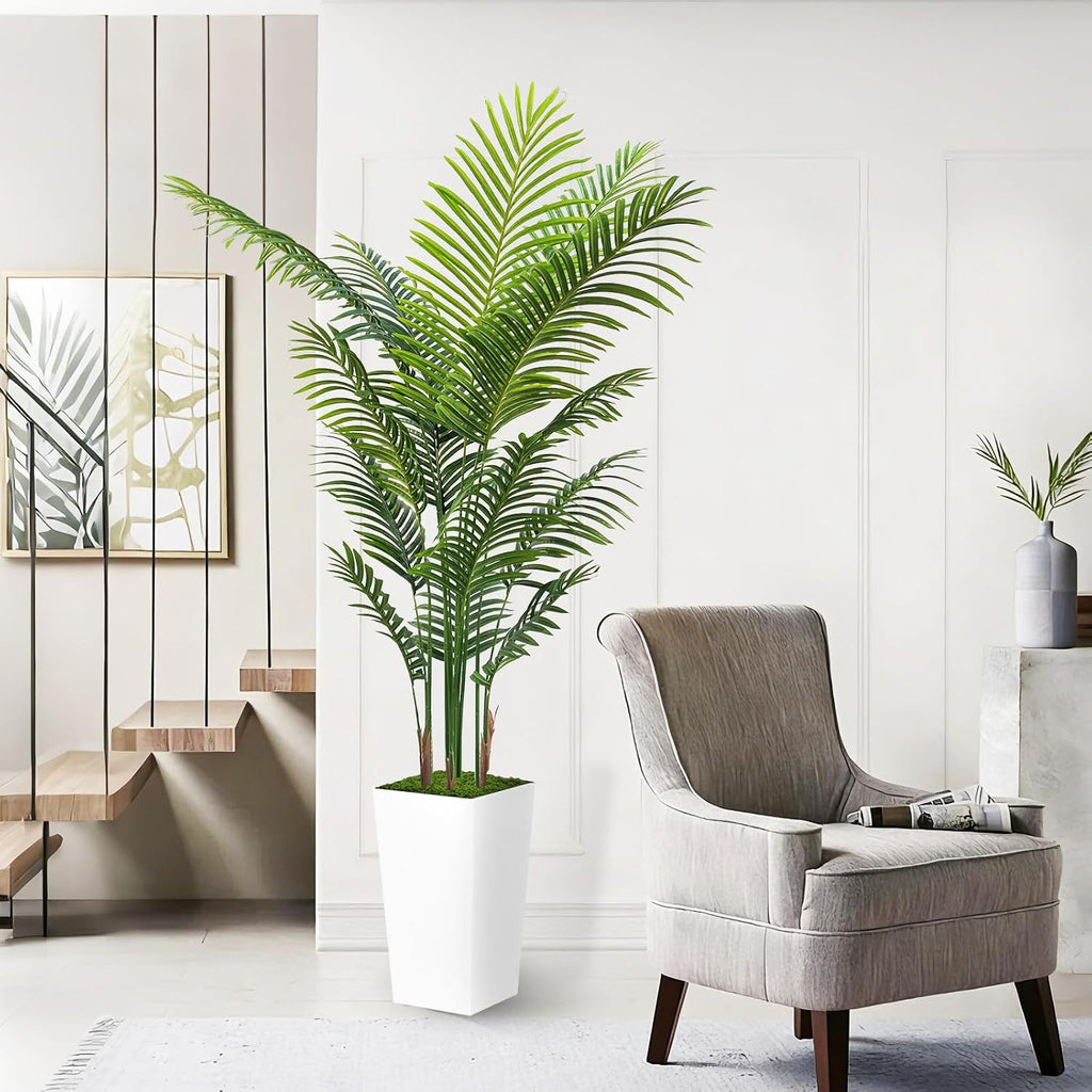 Artificial Palm Tree 6FT - Fake Tree with White Tall Planter - Faux Tropical Areca Floor Plant in Pot - Artificial