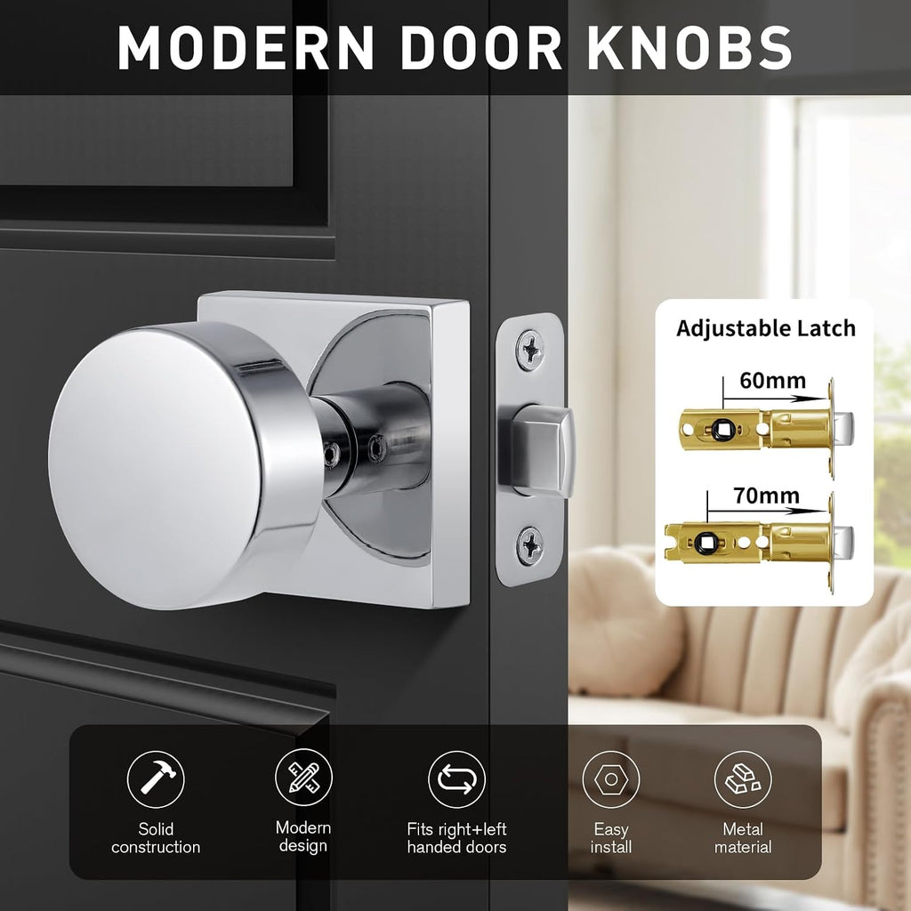 Polished Chrome Closet Door Knob, Modern Round Passage Door Handle