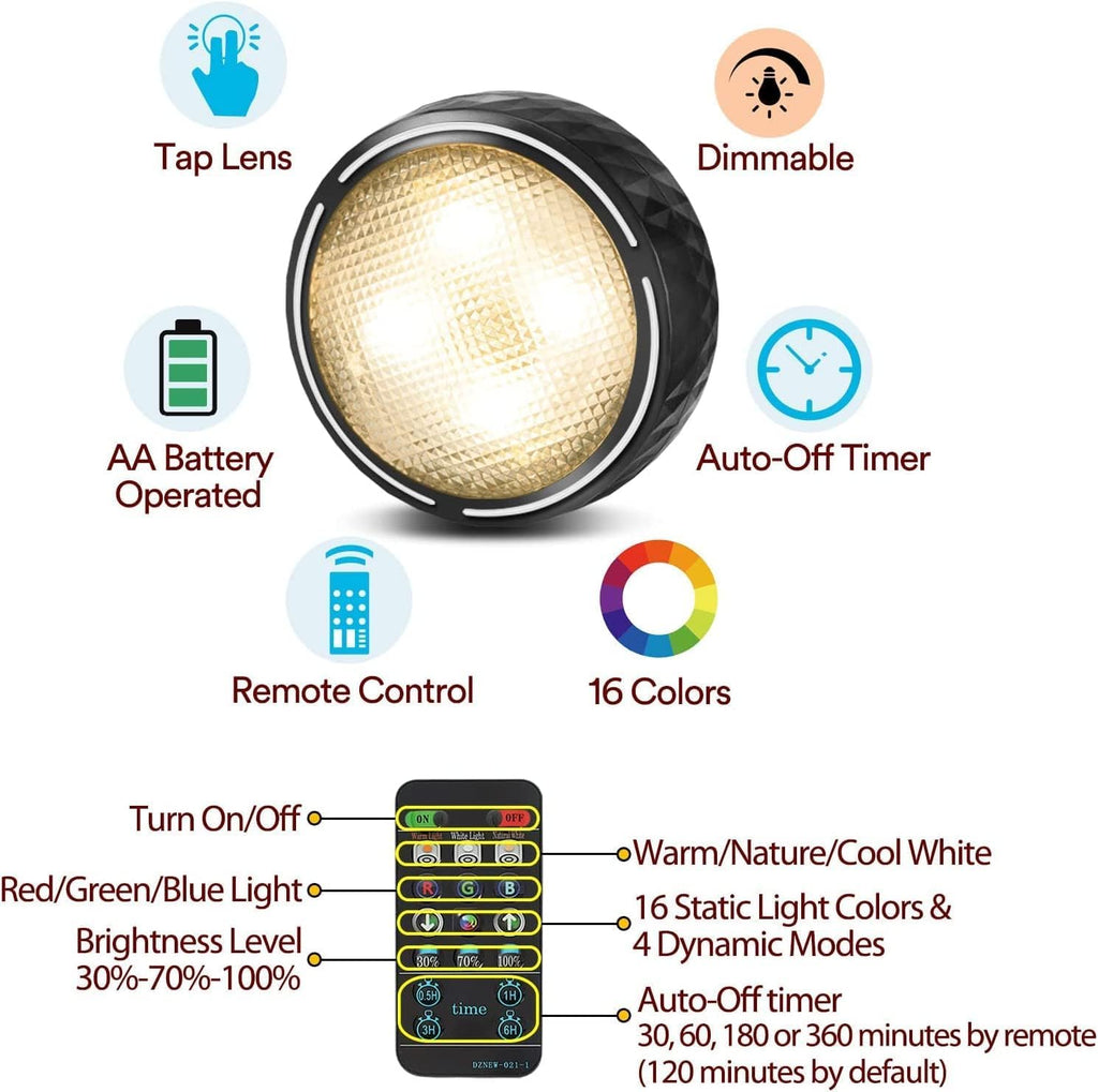 LED Puck Lights with Remote Battery Operated Under Cabinet Lighting Wireless Stick on Lights Color Changing Timer Tap