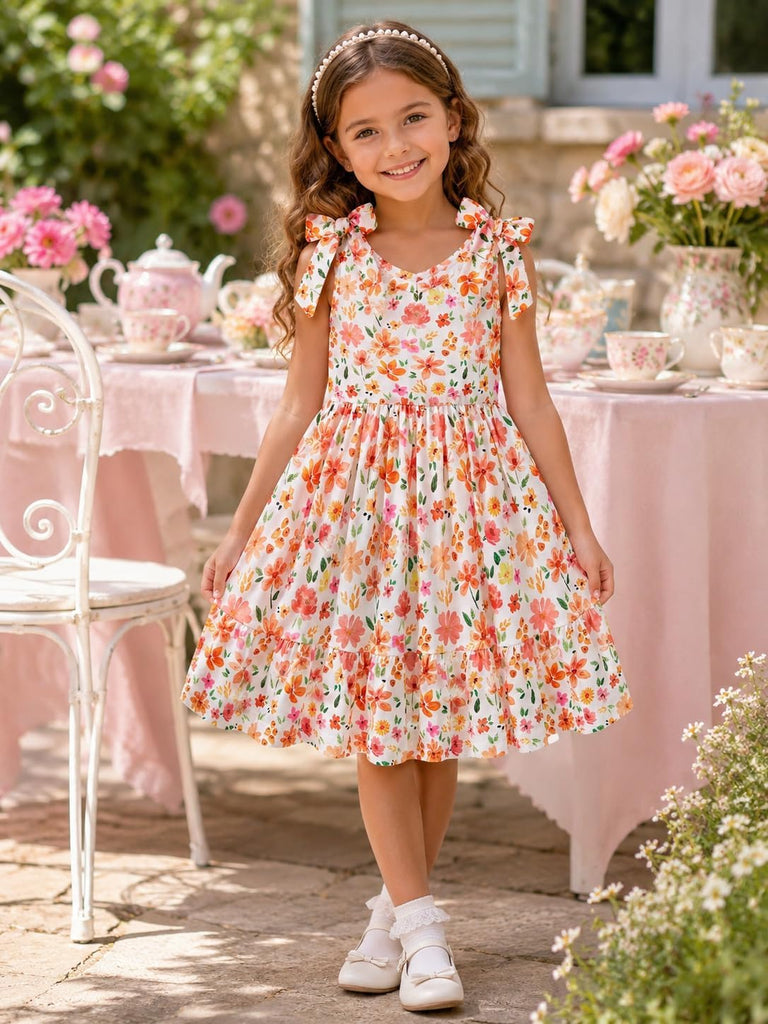 Toddler Girls Summer Dress Bow-Tie Straps V Neck Party Dresses Cute Floral Printed Sleeveless Beach Sundress