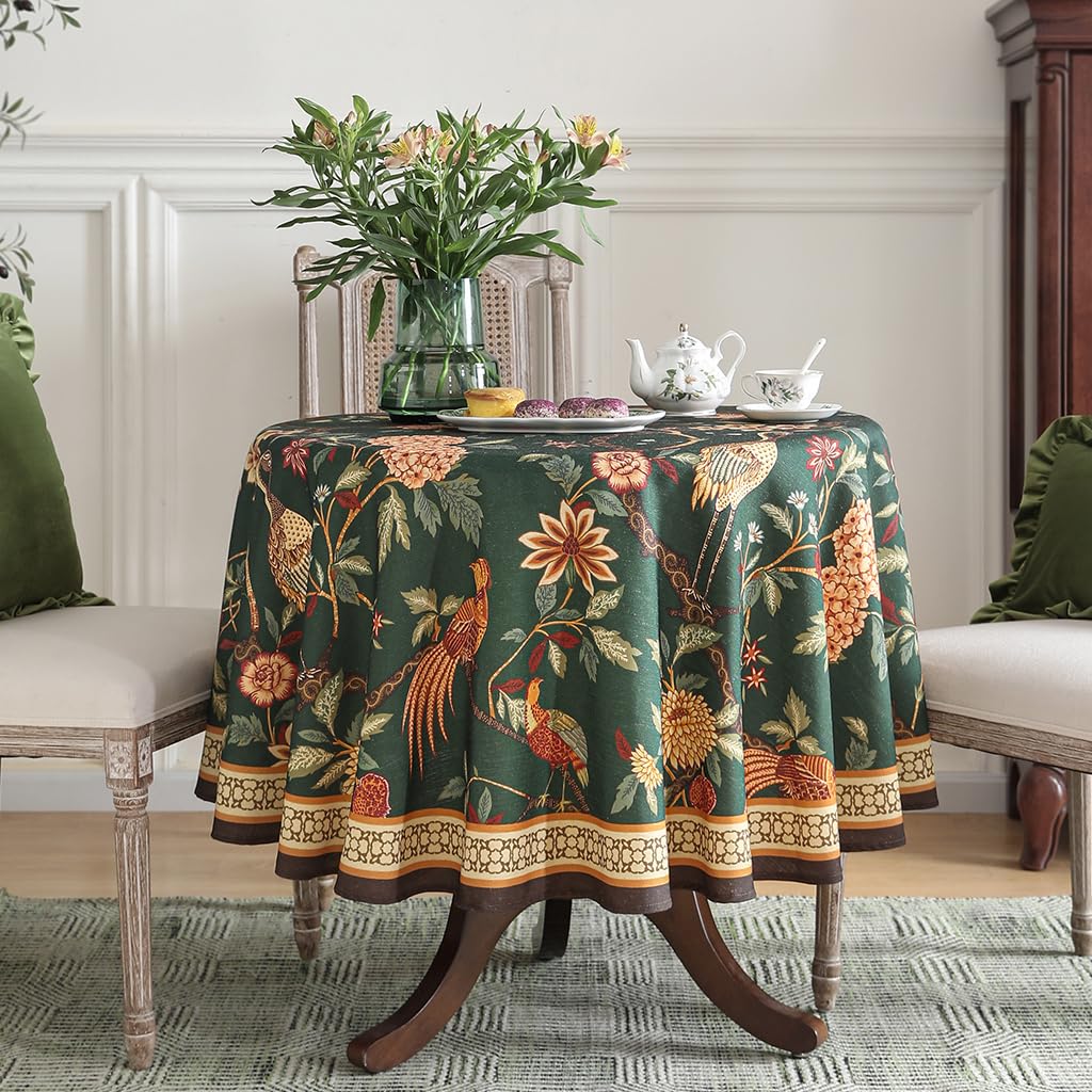 Designer Vintage Green Round Tablecloth, Diameter 67"