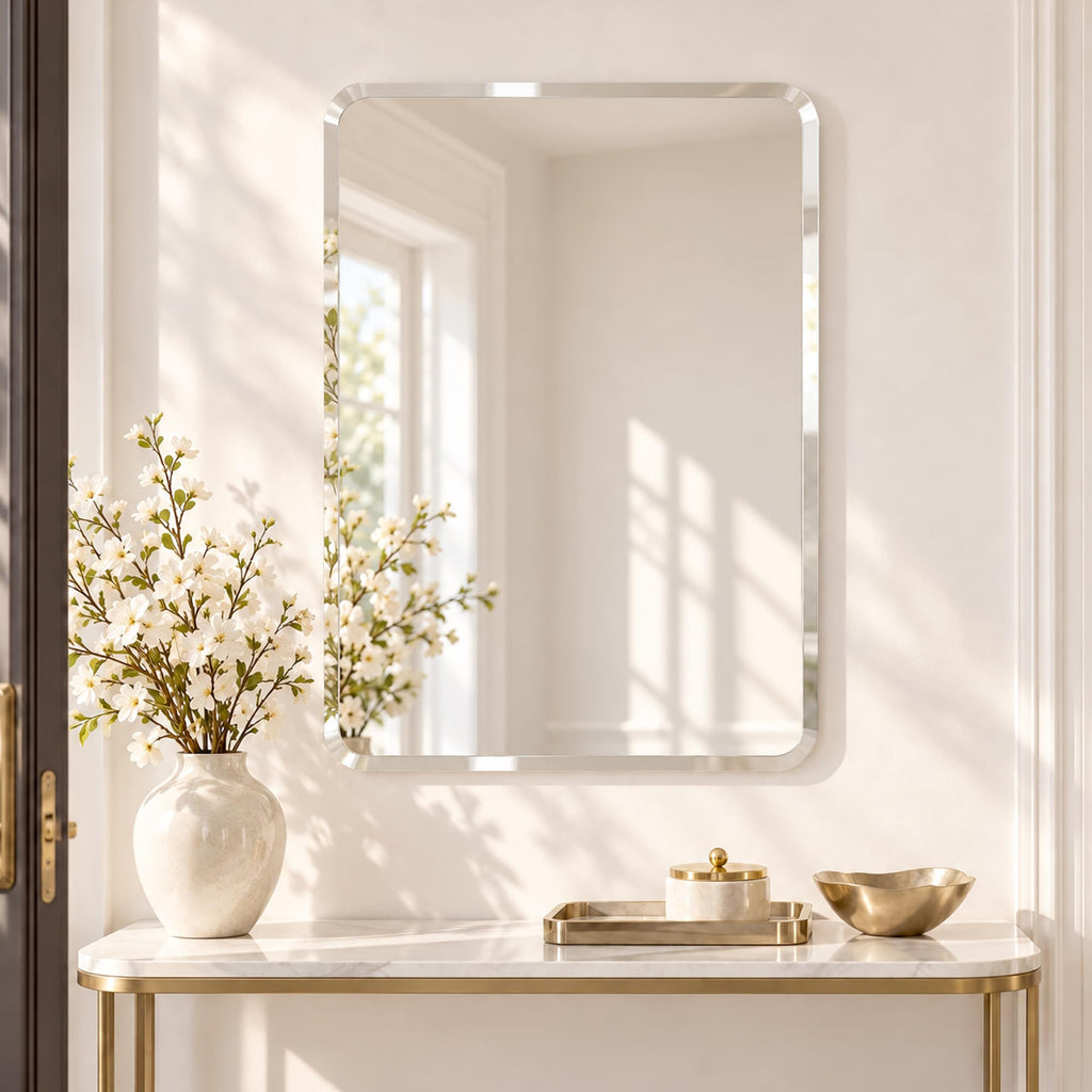 22x30 Inch Rounded Rectangle Bathroom Mirror, Frameless Beveled