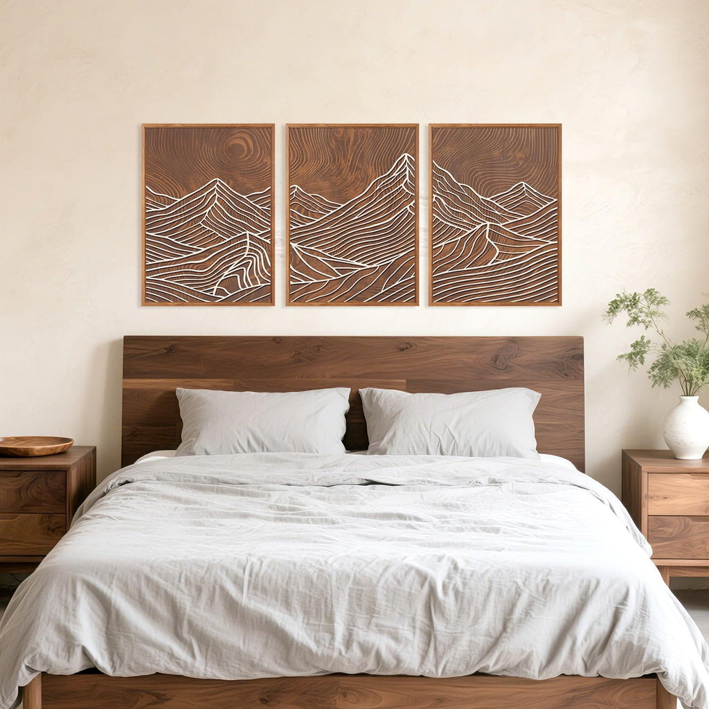 Line Style Mountain Framed Canvas Wall Art, Vintage Tree Rings Wall Decor, Abstract Tree Spiral Wall Painting, Modern