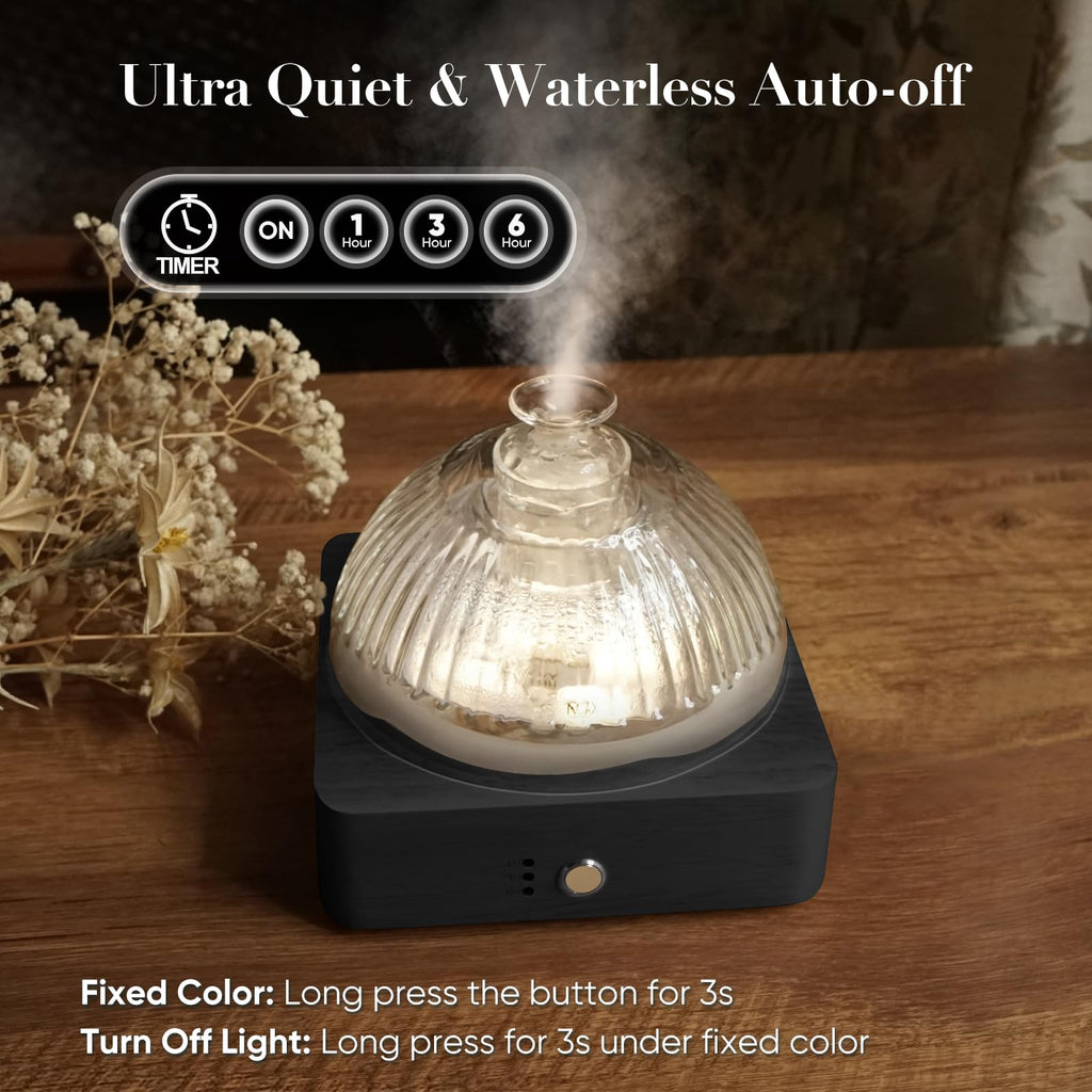 Glass Dome Essential Oil Diffuser with Glass Reservoir & Wood Base-Plastic Free, 200ml Ultrasonic Diffuser for