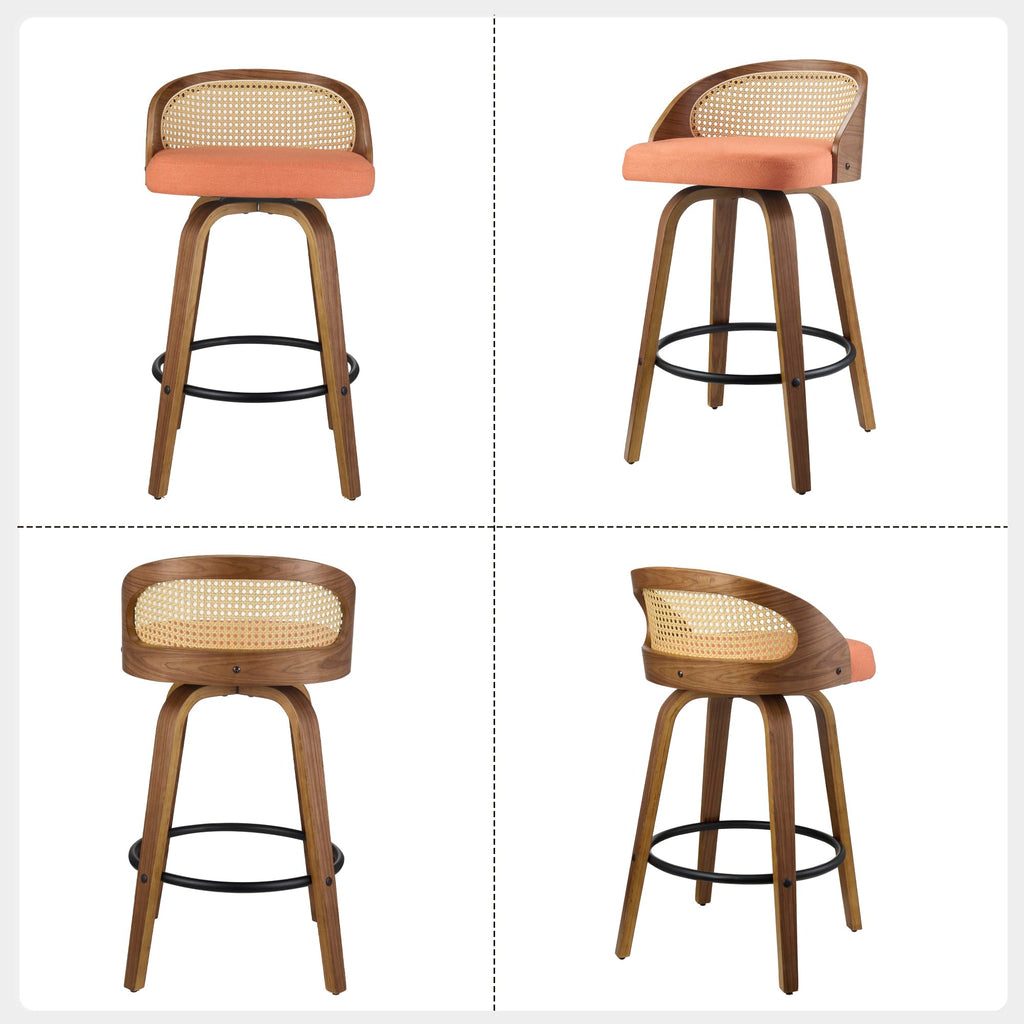 26" Swivel Counter Height Bar Stools Set of 2, Rattan Back, Orange Fabric