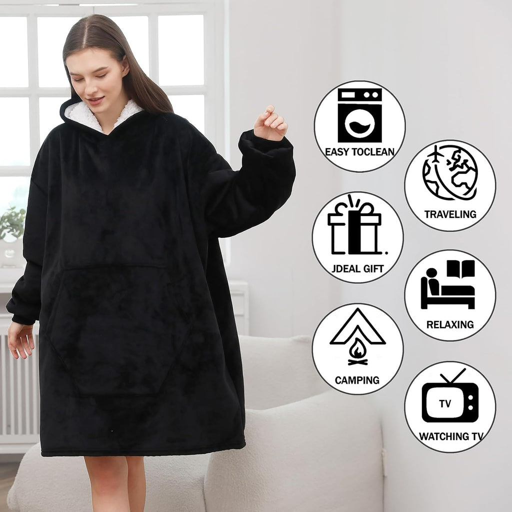 Wearable Blanket Hoodie, Oversized Sherpa Fleece Sweatshirt Blanket with Giant Hood Pocket and Sleeves for Adult
