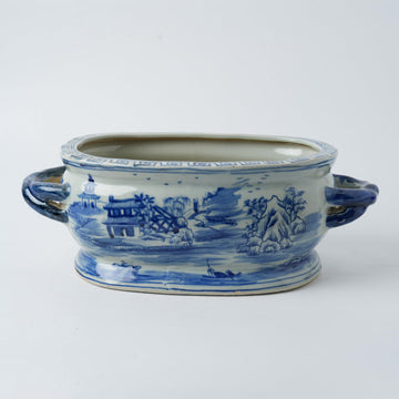 Vintage Blue and White Flower & Birds Porcelain Footbath Planter Chinoiserie Scenery Motif Ceramic Flower Pot (Blue2)