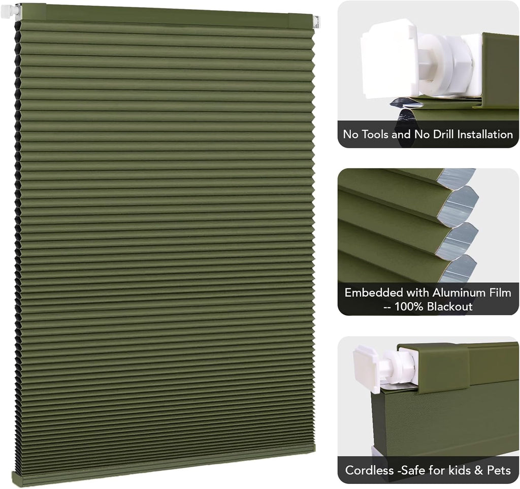 No Drill Cordless Cellular Shades, Green, Honeycomb Blinds for Indoor Windows, Blackout, Easy Install, Shades