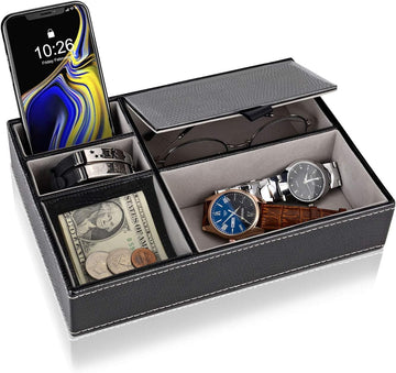 Men's Valet Tray, Faux Leather Valet Box, EDC Catch All Tray, Dresser Top Nightstand Organizer with 5 Compartments