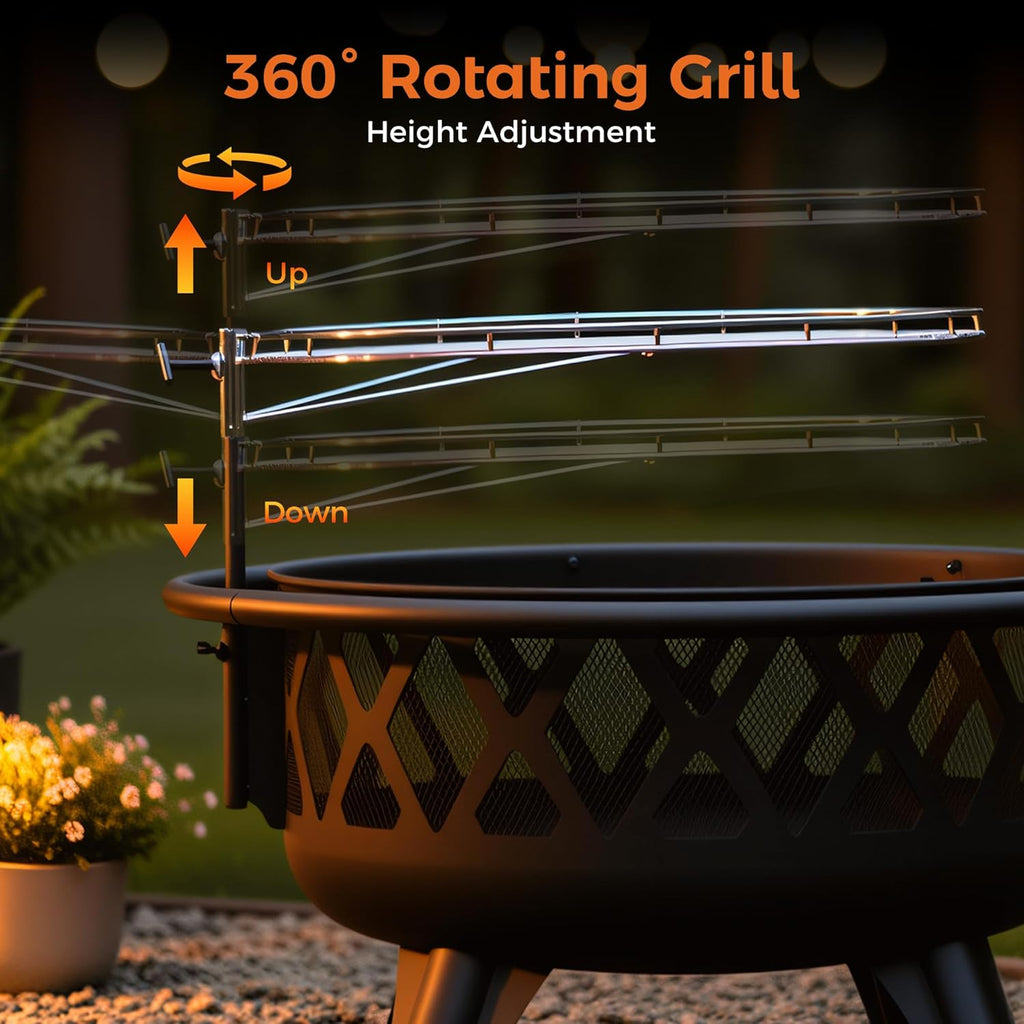 Outdoor Fire Pit for Wood, Portable Fire Pits for Outside Wood Burning, Patio Firepits for Outside with Grill