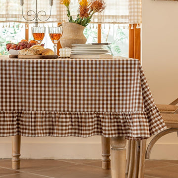 Coffee Plaid Ruffled Table Cover Linen Rectangle Gingham Tablecloth Classic Farmhouse Vintage Checkered Table Cover