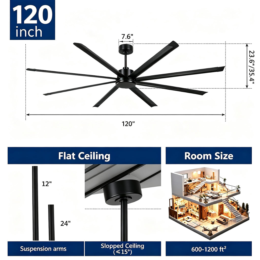 120" Industrial Ceiling Fan No Light for Warehouse Commercial Space