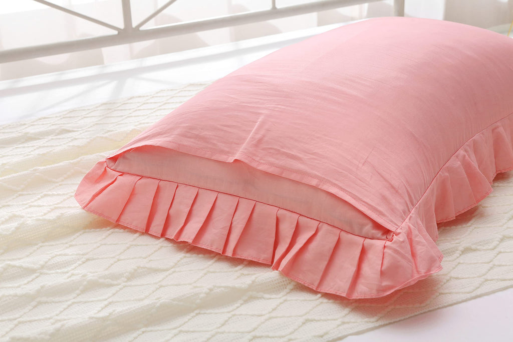 Egyptian Cotton Ruffles Pillow Shams Coral Pink Queen Size 2Pieces 30"x20" Soft Thick