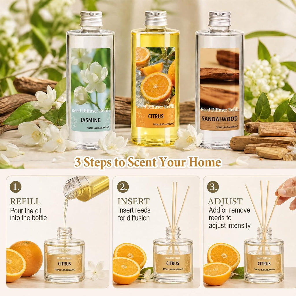 Reed Diffuser Oil Refill Set,3x6.76 Oz Citrus Sandalwood Jasmine Scent Oil