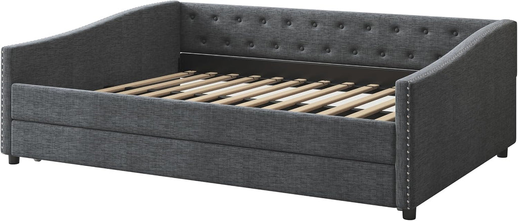 Full Size Upholstered Daybed with Trundle | Twin Size Trundle,Button-Tufted Back, Piping on Waved-Shape Arms, Solid