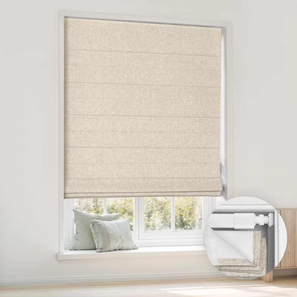 No Drill Cordless Roman Shades, 34'' W x 64'' H, Beige | Easy to Install, Light Blocking & Heat Insulating