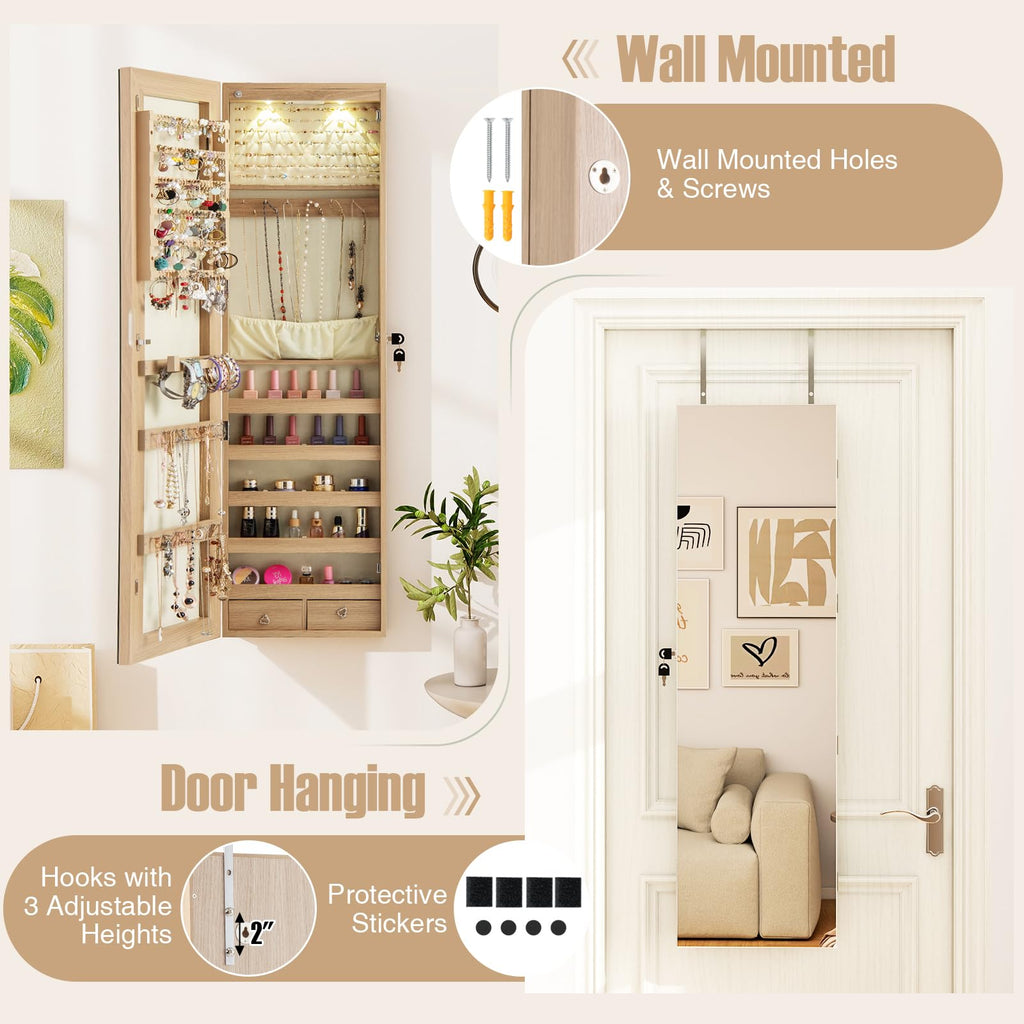 Wall Door Jewelry Armoire, 47.5" H Full Length Mirrored Jewelry Cabinet with 2 LED Lights and 2 Drawers, Lockable