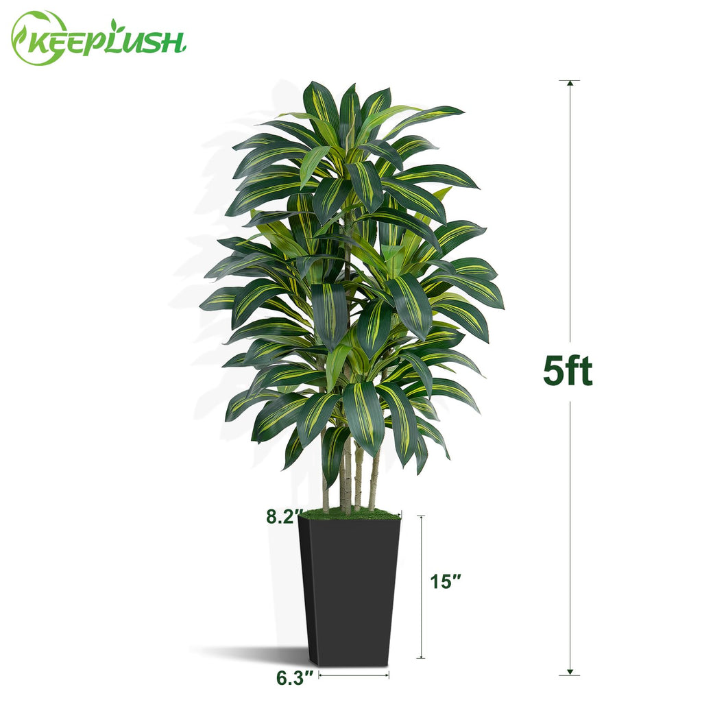 5FT Artificial Dracaena Tree - High-Density Foliage Fake Plant with Black Tall Planter - Faux Yucca Floor Plant Decor