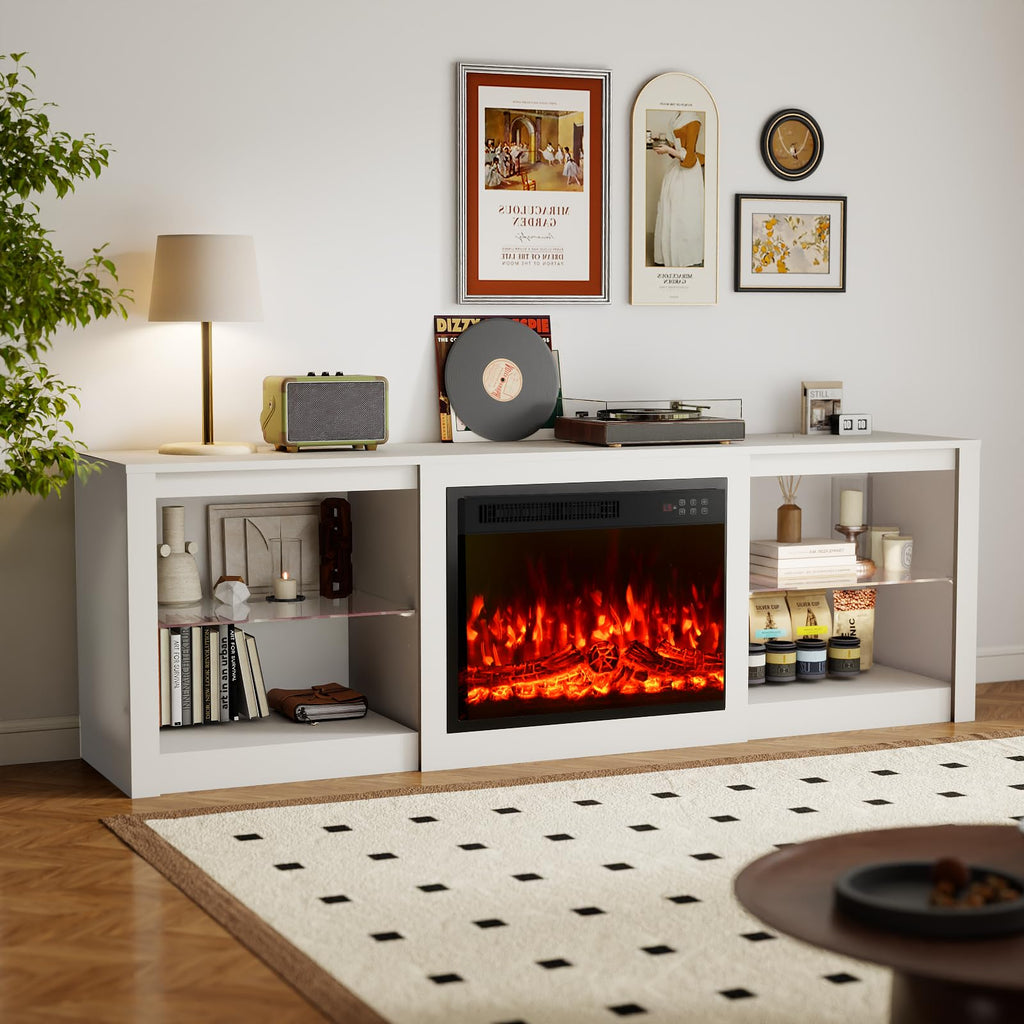 Fireplace TV Stand, 70 inch TV Stand with 23" Electric Fireplace, LED Light Entertainment Center, TV Console with