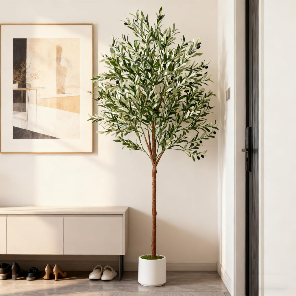Artificial Olive Tree - Tall Indoor Faux Olive Tree with Planter & Basket, Realistc Fake Olive Tree with Fruits Decor