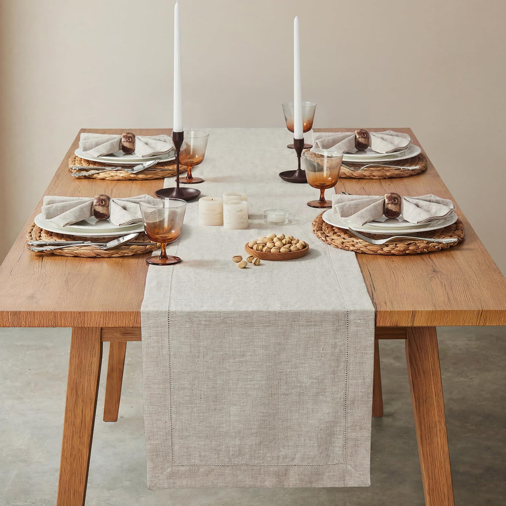 100% Pure French Linen Table Runner 108 Inches Long, Natural Hemstitch Tablecloth with Mitered Corners, Crease-Free