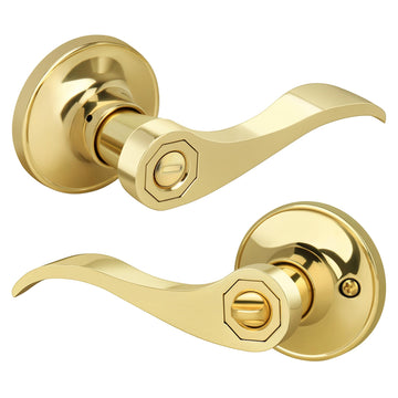 Wave Style Privacy Door Handle with Privacy Lock, Keyless Door Lever /Bedroom in Polished Brass Finish, No Key