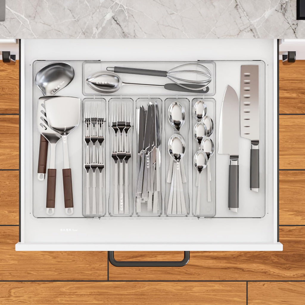 Clear Expandable Silverware Drawer Organizer - Adjust From 11'' to 22'' - Knife,Cutlery,Spoons and Forks