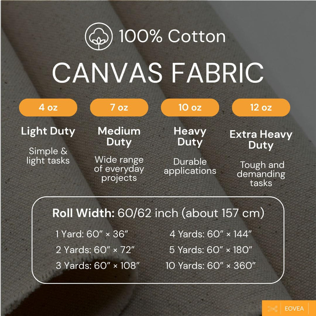 Canvas Fabric by The Yard - Cotton Duck, Lightweight Duty, Natural, 62'' Wide & Breathable Material Bags, Crafts