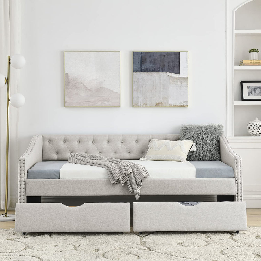 Upholstered Daybed with Drawers, Modern Fabric Twin Size Button Tufted Daybed Frame Sofa Bed, No Box Spring Needed