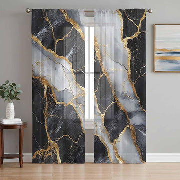 Sheer Curtains 96 Inches Long 2 Panels Set, Marble Black Semi Sheer Curtains for Windows, Grey Granite Surface Luxury