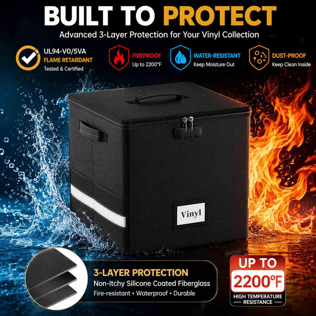 Vinyl Record Storage Box with Lock, 2-Pack Fireproof & Waterproof