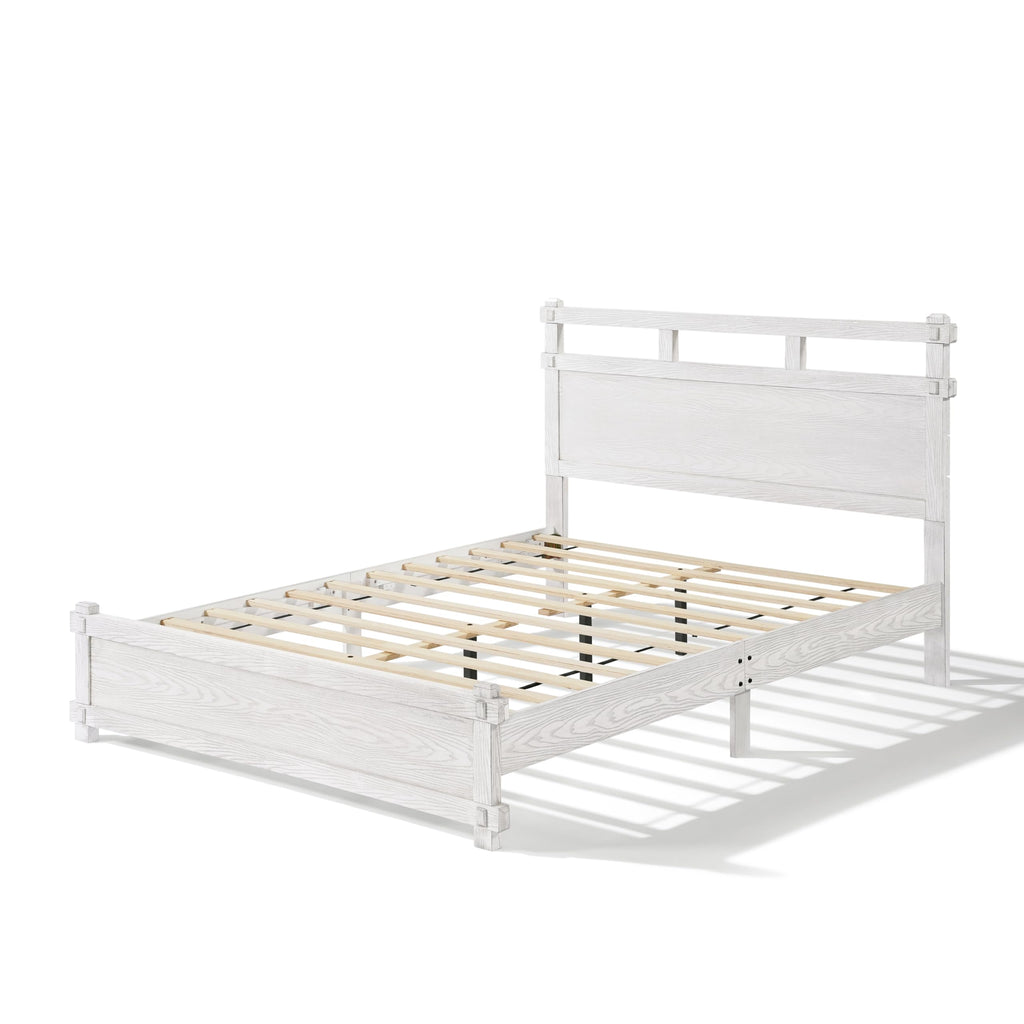 Laramie Farmhouse Bed Frame, Wooden Bed Frame with Two Tier Headboard and Wood Slat Support, Wood