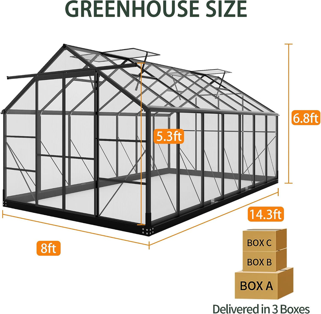 Greenhouses for Outdoors, 8x14.2 FT Polycarbonate Greenhouses with 2 Adjustable Roof Vent, Windproof, Walk-in