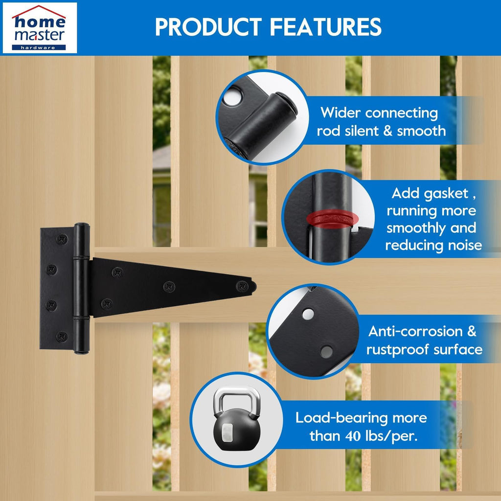 6" Stainless Steel Gate Hinges, Heavy Duty T Strap Hinges, Black, 4 Pack