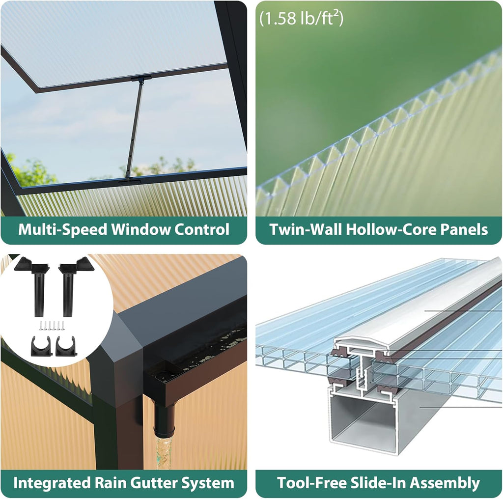8x10ft Walk-in Greenhouse, Heavy Duty Large Outdoor Green House | Polycarbonate Garden Greenhouse with Roof Vent