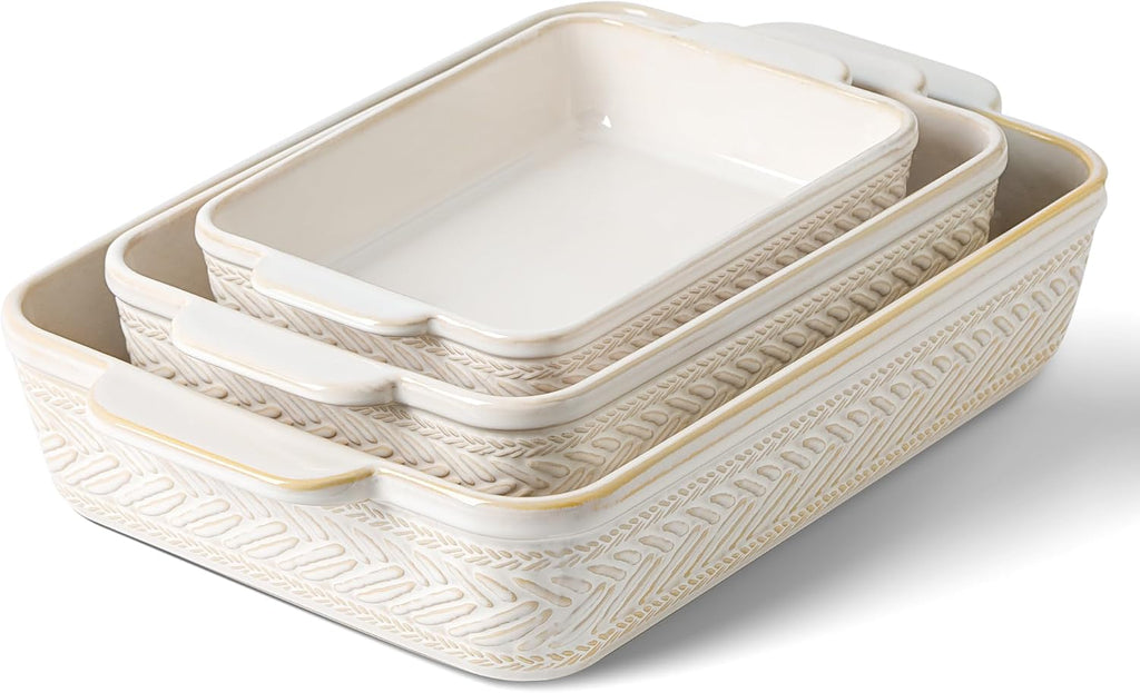 Casserole Dishes for Oven, Beige Ceramic Dish Set of 3 | 9x13" Rectangular Lasagna Pans Casserole Dish Set for