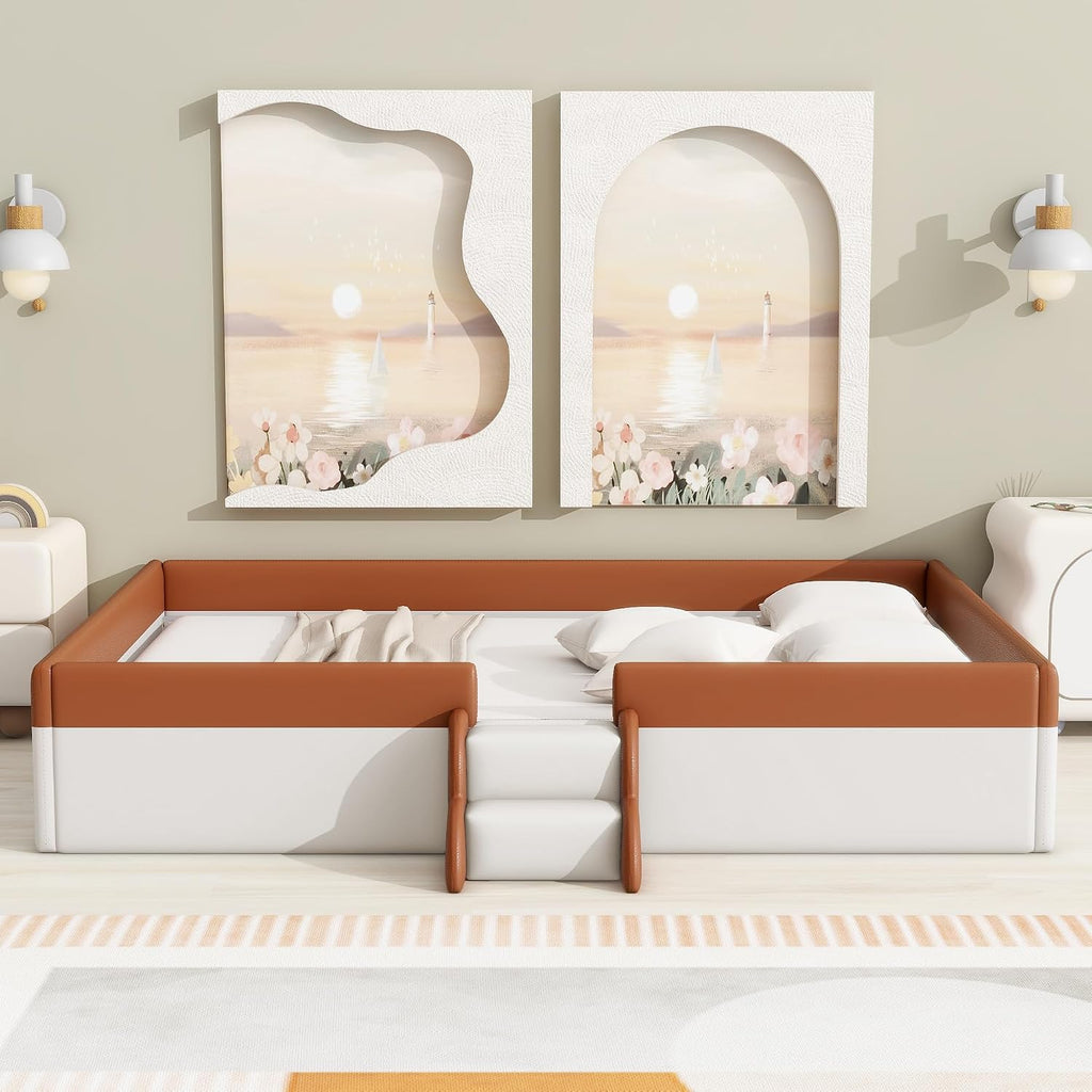 Queen Size Upholstered Daybed Frame with Fence and Stairs, Montessori Kids Floor Bed with Sturdy Slat Support for