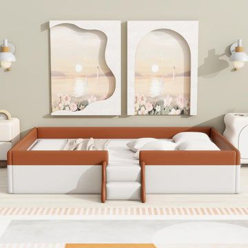 Queen Size Upholstered Kids Daybed Frame with Fence and Stairs, Wood Bed , Floor Bed, White+Brown