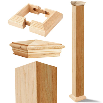 3.5" x 3.5" x 48" Solid Red Oak Stair Wood Newel Post Kit Wooden Balusters Skirt Wood Post with Stair Cap Deck Base