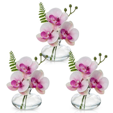 Pink Orchids Artificial Flowers Faux Orchids Arrangement in Clear Glass Vases Set of 3 Real Touch Phalaenopsis Orchid